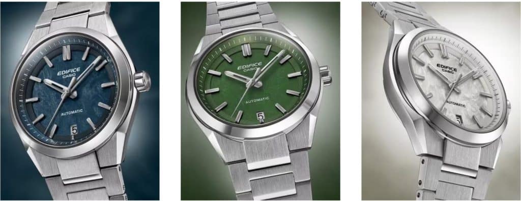 3 Casio Edifice EFK-100 klokker – henholdsvis blå, grønn og hvit-grå urskive